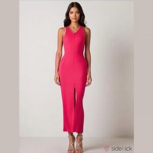 CAROLINE CONSTAS NEW YORK V neck sleeveless hot pink midi dress